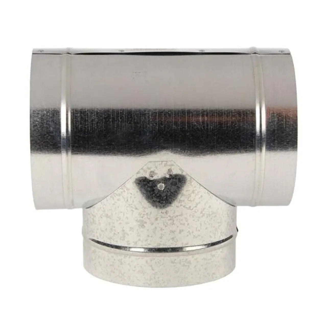 The Go Build 8 in. Round Tee connects three round duct sections, perfect for venting bath and kitchen fans. Made of metallic galvanized steel, it features a smooth, slightly shiny finish. Brand: Go Build, The Fastest Way To Build.